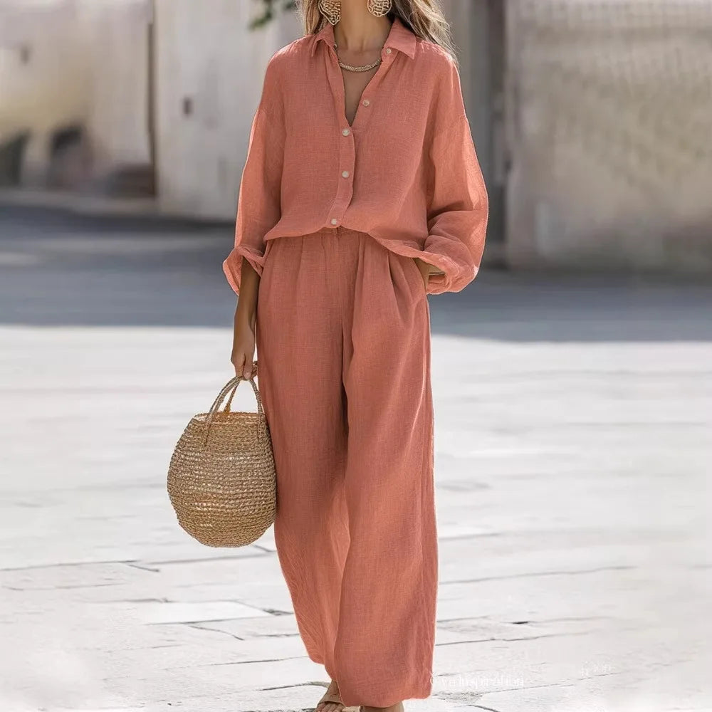 Casual Lapel Long Sleeve Shirt & Wide Leg Pants Two Piece Set – Women’s Cotton Suit