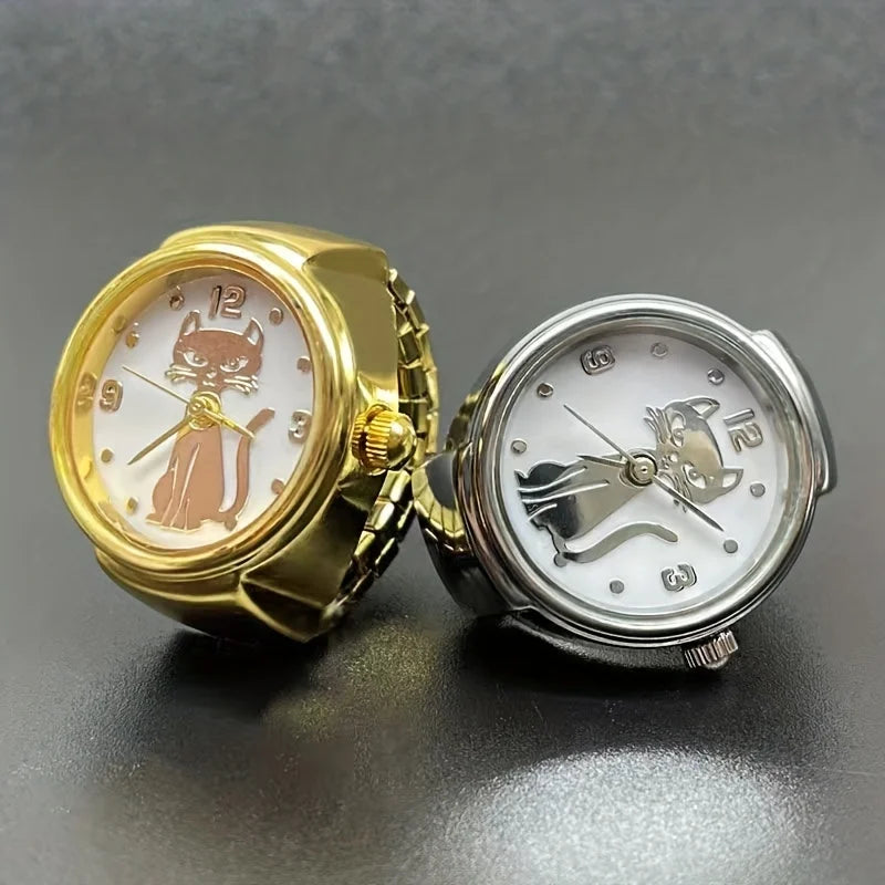 Kitten Circular Pointer Quartz Ring Watch – High-End Gold & Silver Finger Watch