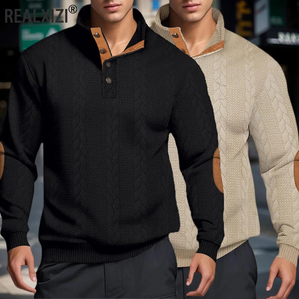 Men’s Knitted Jacquard Button Stand Collar Pullover Sweater – Warm Casual Sweatshirt