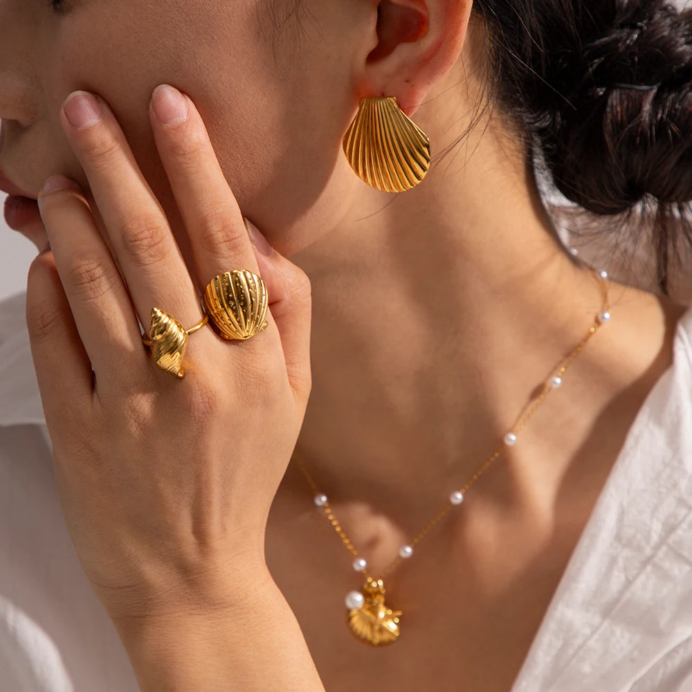 18K Gold Plated Ocean Shell Jewelry Set – Tarnish-Free Earring, Ring & Necklace for Women