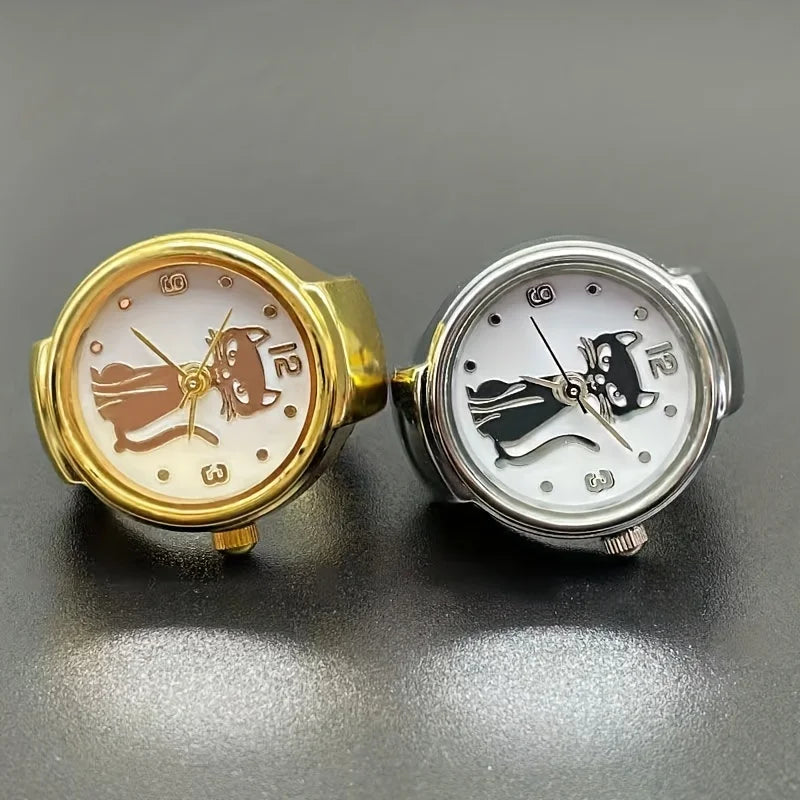 Kitten Circular Pointer Quartz Ring Watch – High-End Gold & Silver Finger Watch