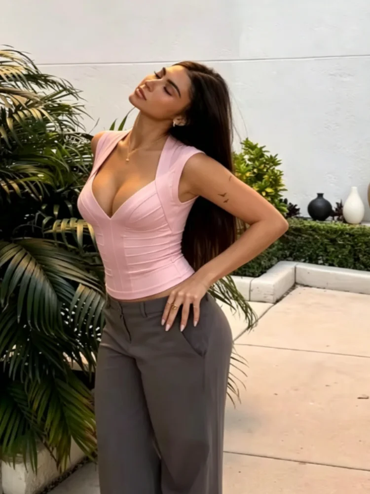 Deep V Neck Bandage Corset Top – Sleeveless Bodycon Blouse