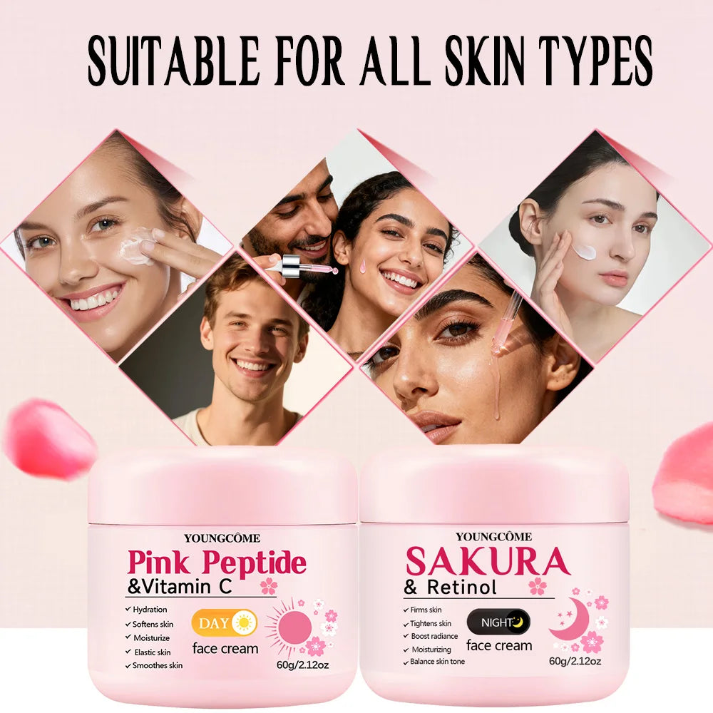 4-Piece Pink Peptide & Sakura Day Night Skincare Set – Vitamin C + Retinol Cream