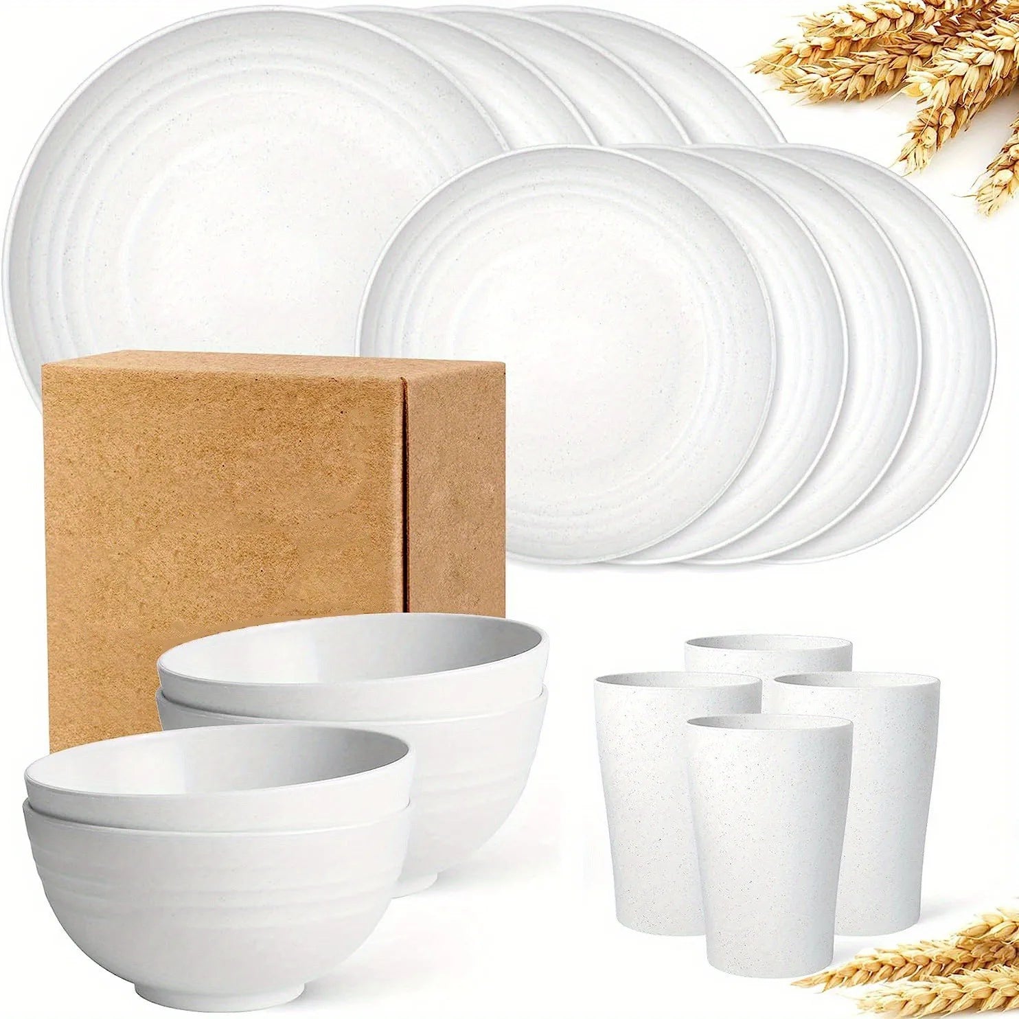 16-Piece Wheat Straw Non-Fragile Tableware Set – Microwave & Dishwasher Safe Reusable Plates