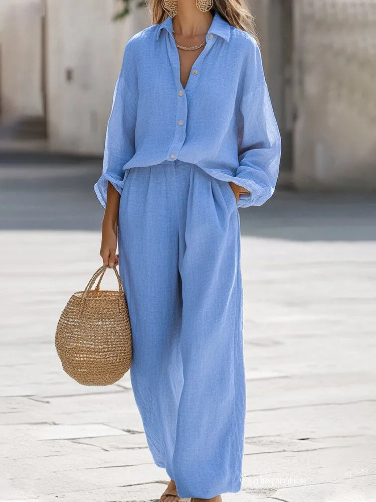 Casual Lapel Long Sleeve Shirt & Wide Leg Pants Two Piece Set – Women’s Cotton Suit