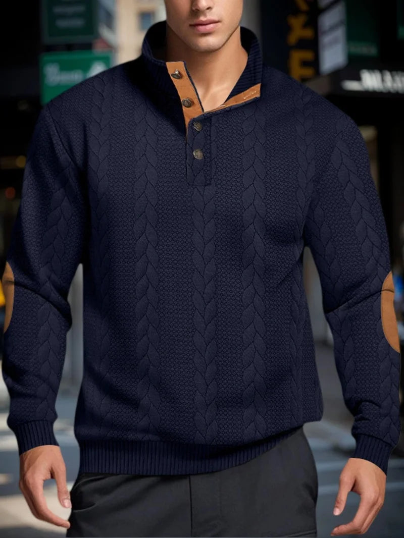 Men’s Knitted Jacquard Button Stand Collar Pullover Sweater – Warm Casual Sweatshirt