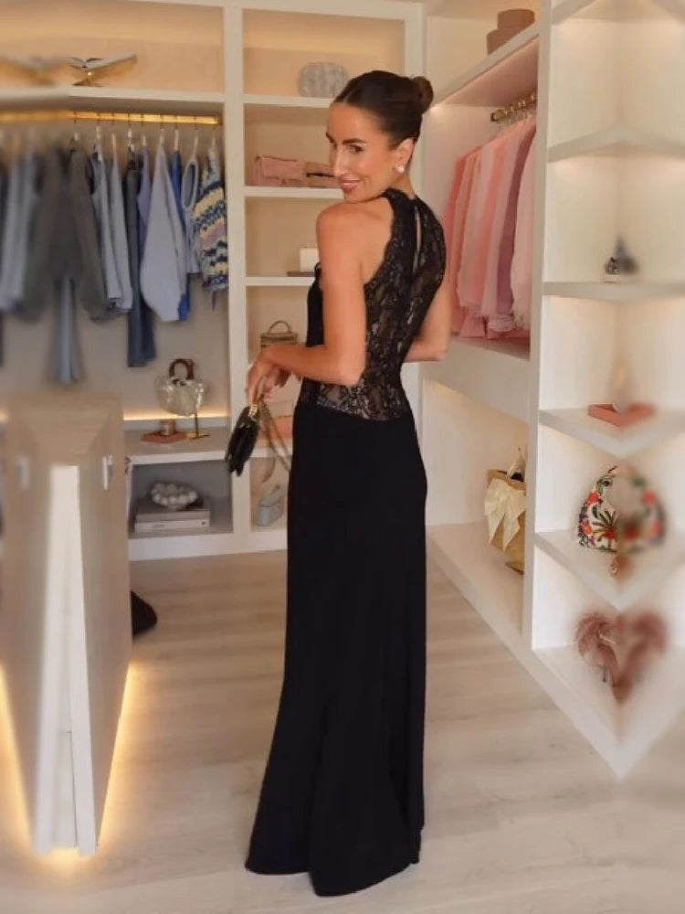 Black Halter Neck Lace Maxi Dress – Sheer Floral Mesh Beach Gown