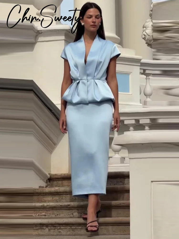 Urban Solid Blazer & Midi Skirt Two Piece Set – Women’s Summer Outfit