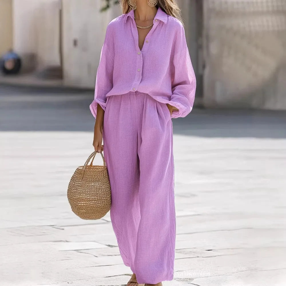 Casual Lapel Long Sleeve Shirt & Wide Leg Pants Two Piece Set – Women’s Cotton Suit