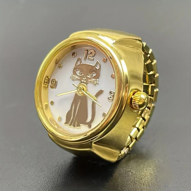Kitten Circular Pointer Quartz Ring Watch – High-End Gold & Silver Finger Watch