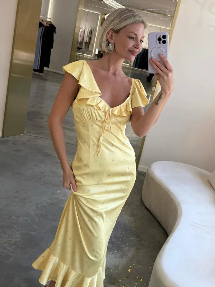 Flutter Sleeve Floral Maxi Dress – Deep V Neck Summer Holiday Dress