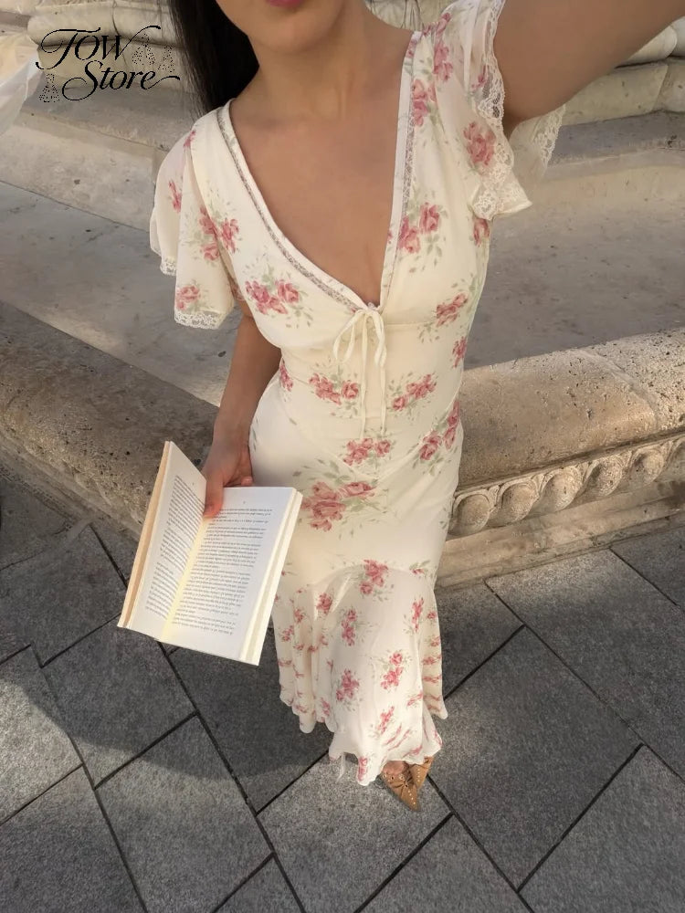 Flutter Sleeve Floral Maxi Dress – Deep V Neck Summer Holiday Dress