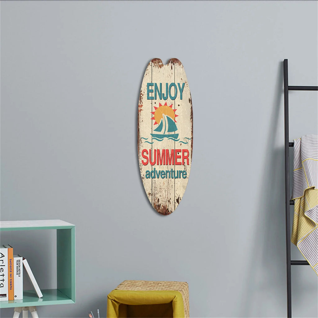 Wooden Surfboard Wall Sign | Retro Beach Style Hanging Decor for Home & Bar