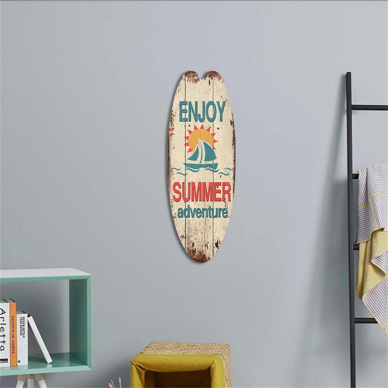 Wooden Surfboard Wall Sign | Retro Beach Style Hanging Decor for Home & Bar