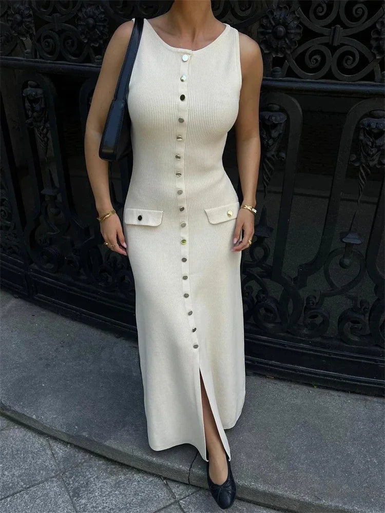 Ribbed Knit Sleeveless Button Maxi Dress | Slim Fit