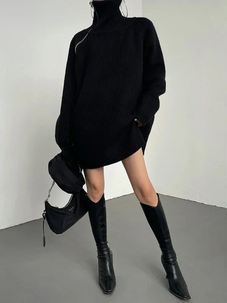 Turtleneck Zipper Oversized Knit Sweater – Women’s Warm Autumn Pullover