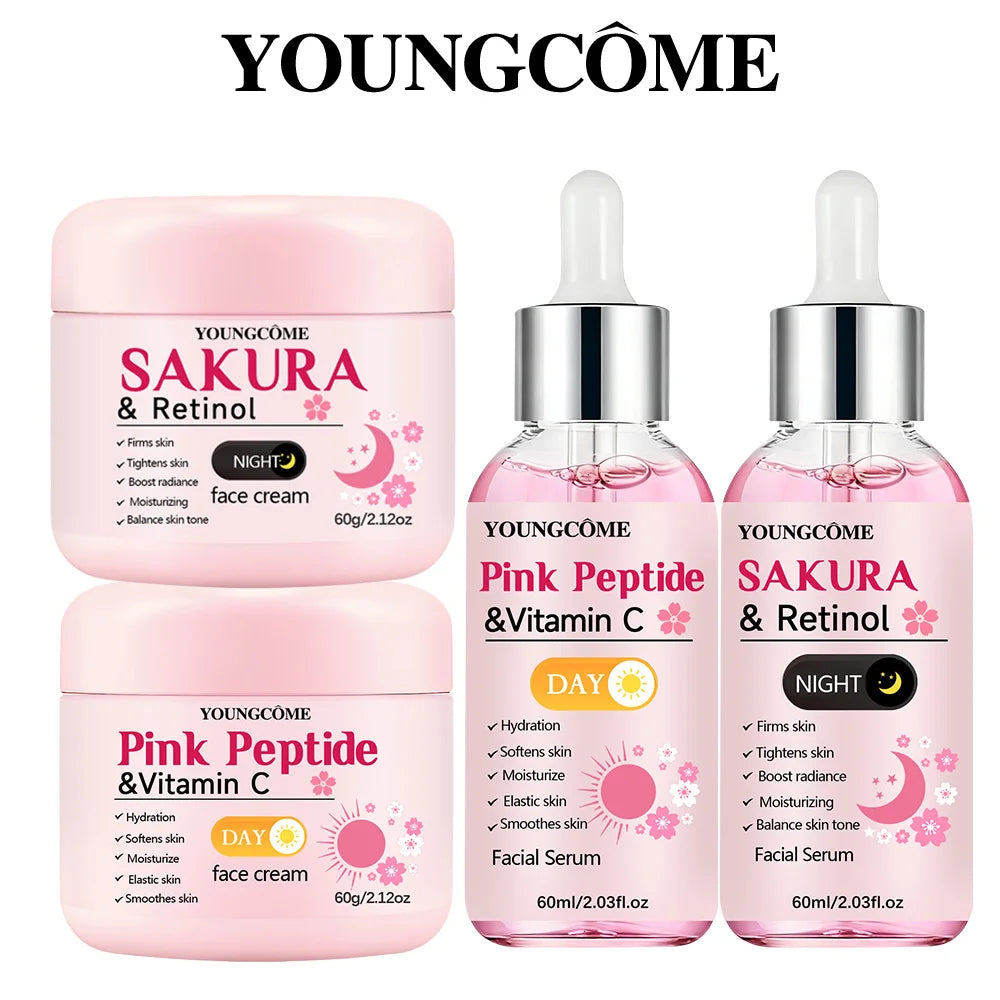 4-Piece Pink Peptide & Sakura Day Night Skincare Set – Vitamin C + Retinol Cream
