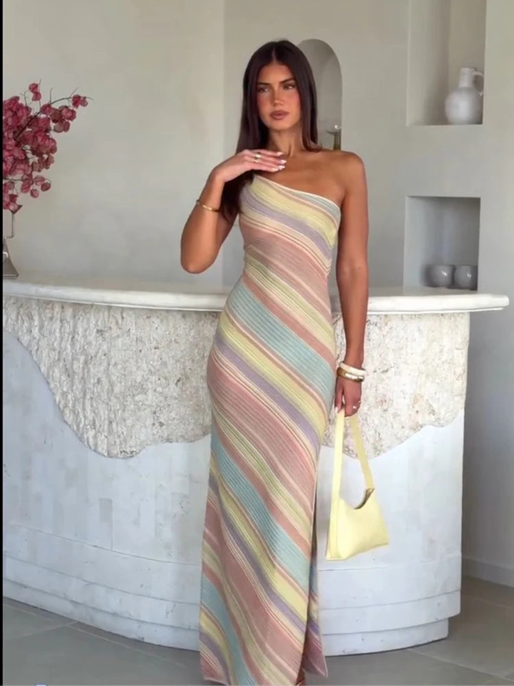 Color Block Off Shoulder Knit Maxi Dress – High Split Beach Dress