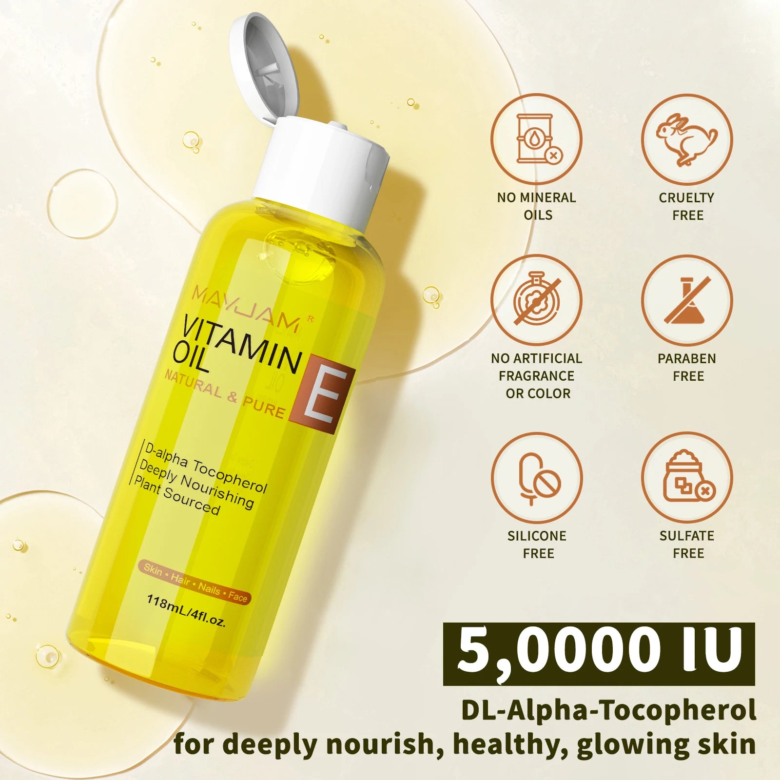 MAYJAM Natural & Pure Vitamin E Face Care Oil – Moisturizing Brightening Skin Tone 118ml 236ml