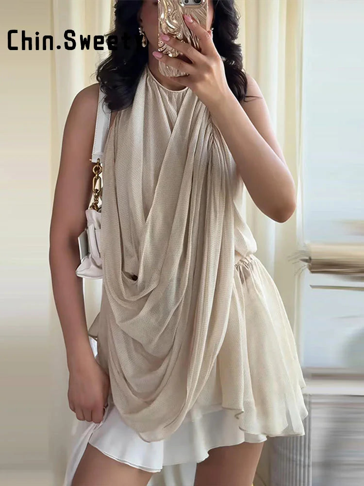 Pleated Halter Backless Vest Top – Women’s Chic Sleeveless Tank