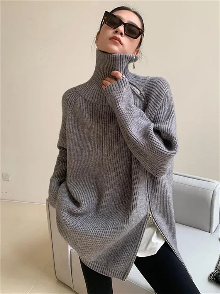 Turtleneck Zipper Oversized Knit Sweater – Women’s Warm Autumn Pullover