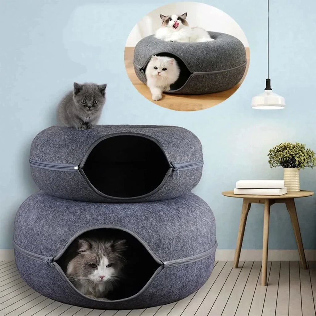 Round Cat Tunnel Nest – Felt Kitten Bed House with Scratcher & Donut Sleeping Toy