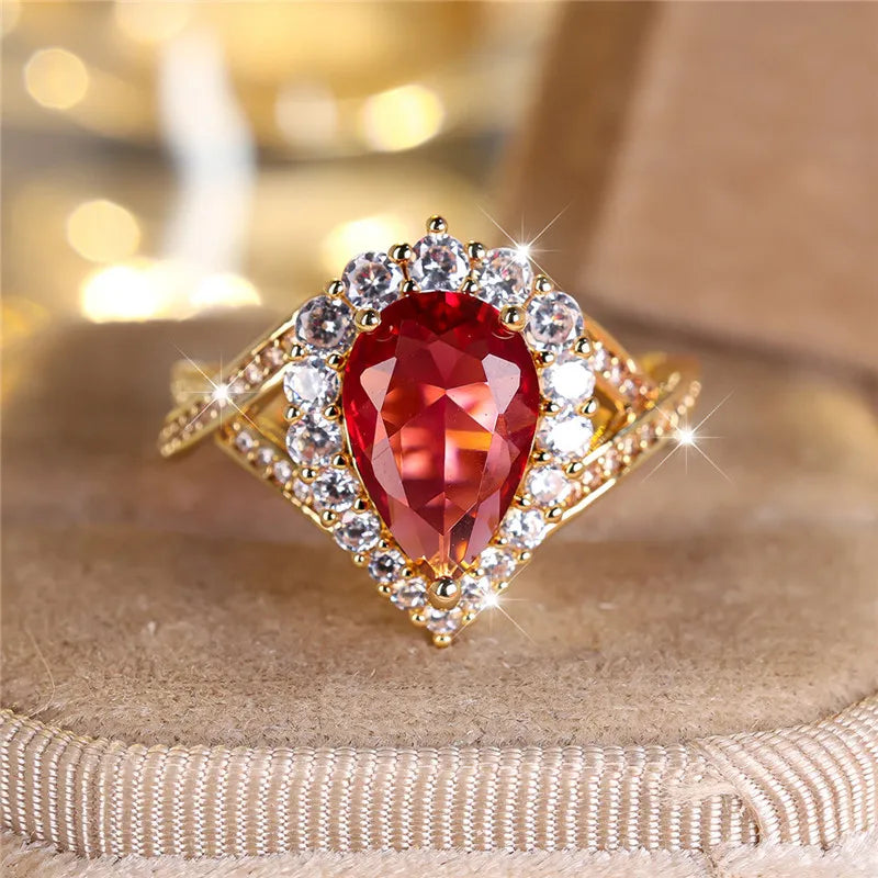 Luxury Red Water Drop Zircon Engagement Ring – Gold Bridal Wedding Jewelry for Women