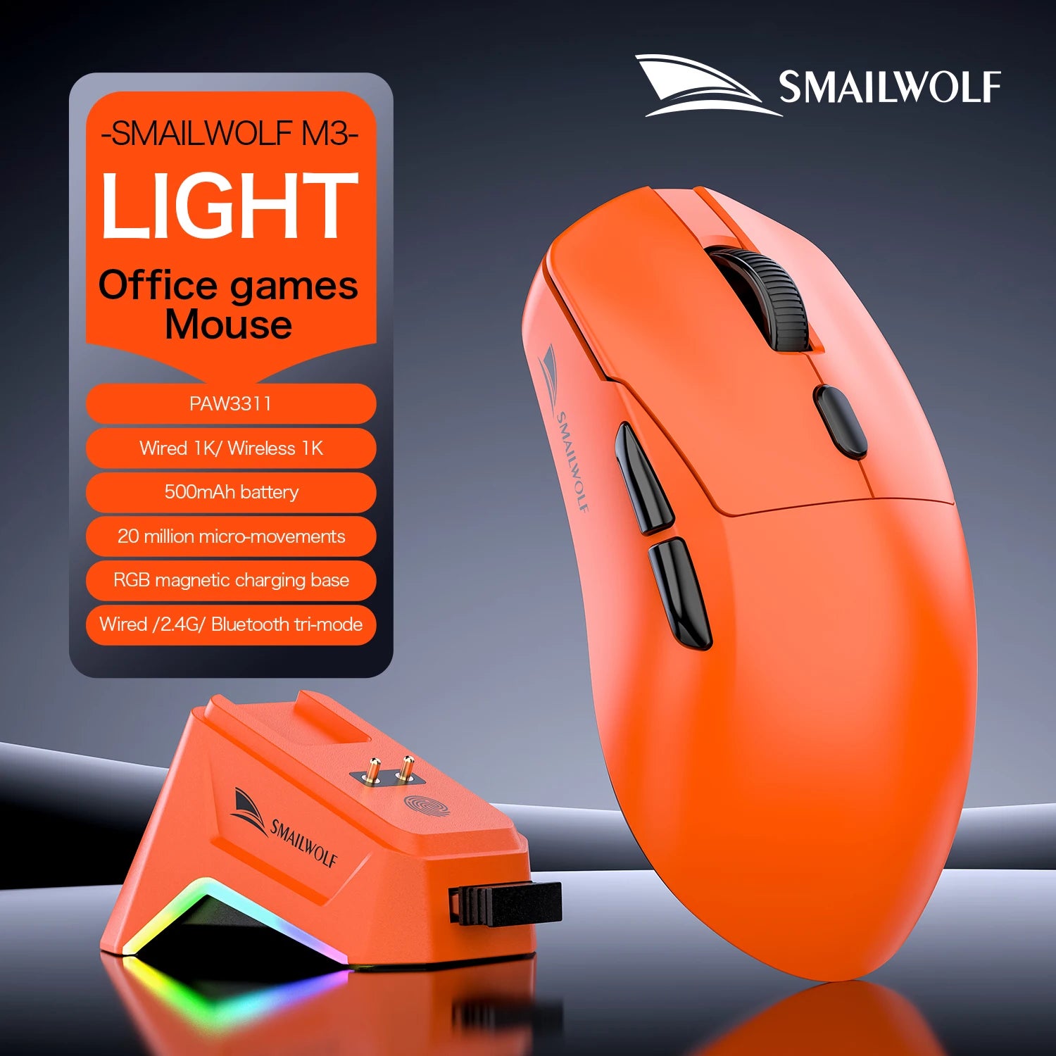 SMAILWOLF M3 PRO Wireless Gaming Mouse – Tri-Mode Bluetooth & USB Lightweight FPS Mouse