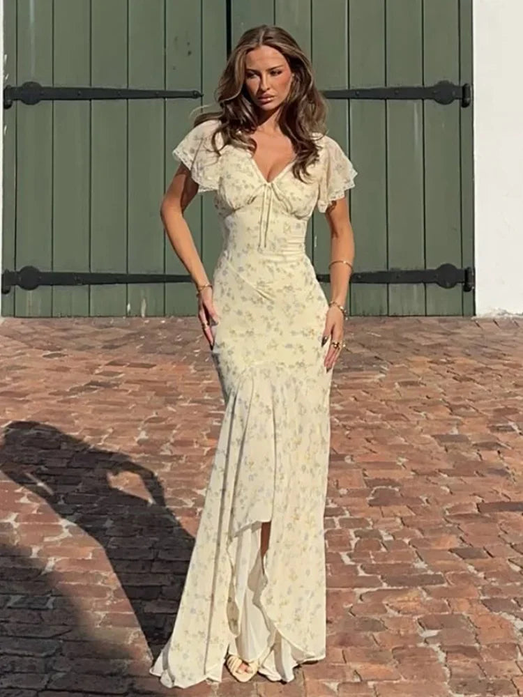 Flutter Sleeve Floral Maxi Dress – Deep V Neck Summer Holiday Dress