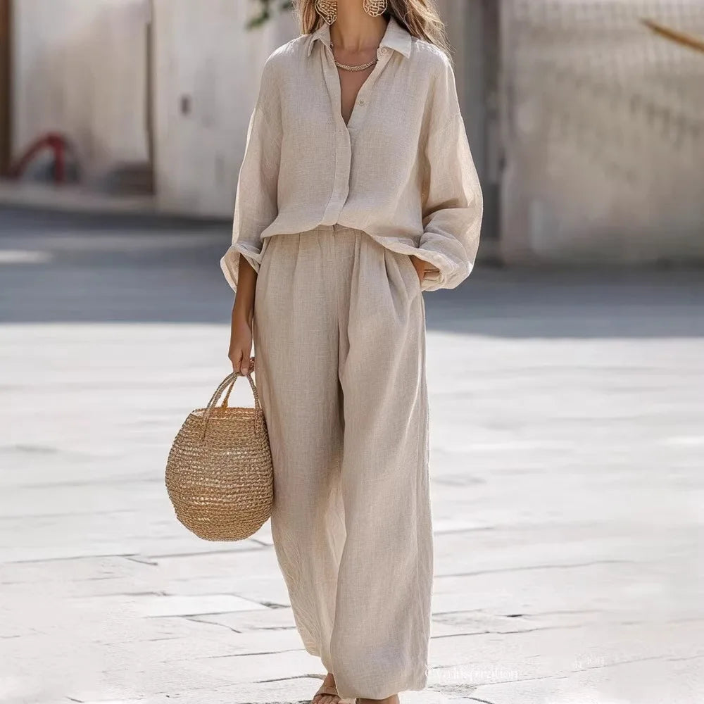 Casual Lapel Long Sleeve Shirt & Wide Leg Pants Two Piece Set – Women’s Cotton Suit