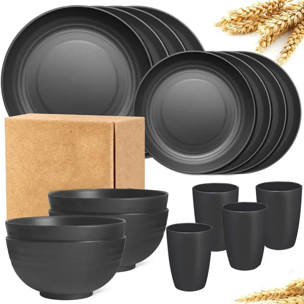 16-Piece Wheat Straw Non-Fragile Tableware Set – Microwave & Dishwasher Safe Reusable Plates
