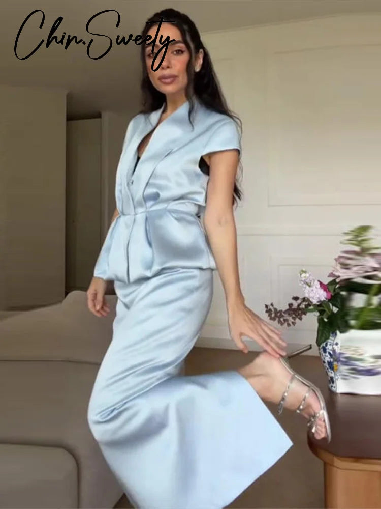 Urban Solid Blazer & Midi Skirt Two Piece Set – Women’s Summer Outfit