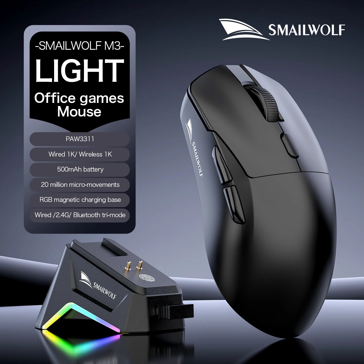 SMAILWOLF M3 PRO Wireless Gaming Mouse – Tri-Mode Bluetooth & USB Lightweight FPS Mouse