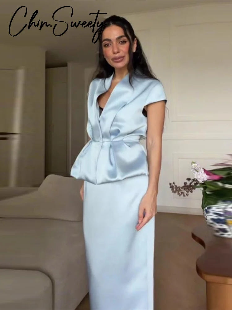 Urban Solid Blazer & Midi Skirt Two Piece Set – Women’s Summer Outfit