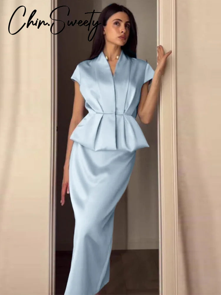 Urban Solid Blazer & Midi Skirt Two Piece Set – Women’s Summer Outfit