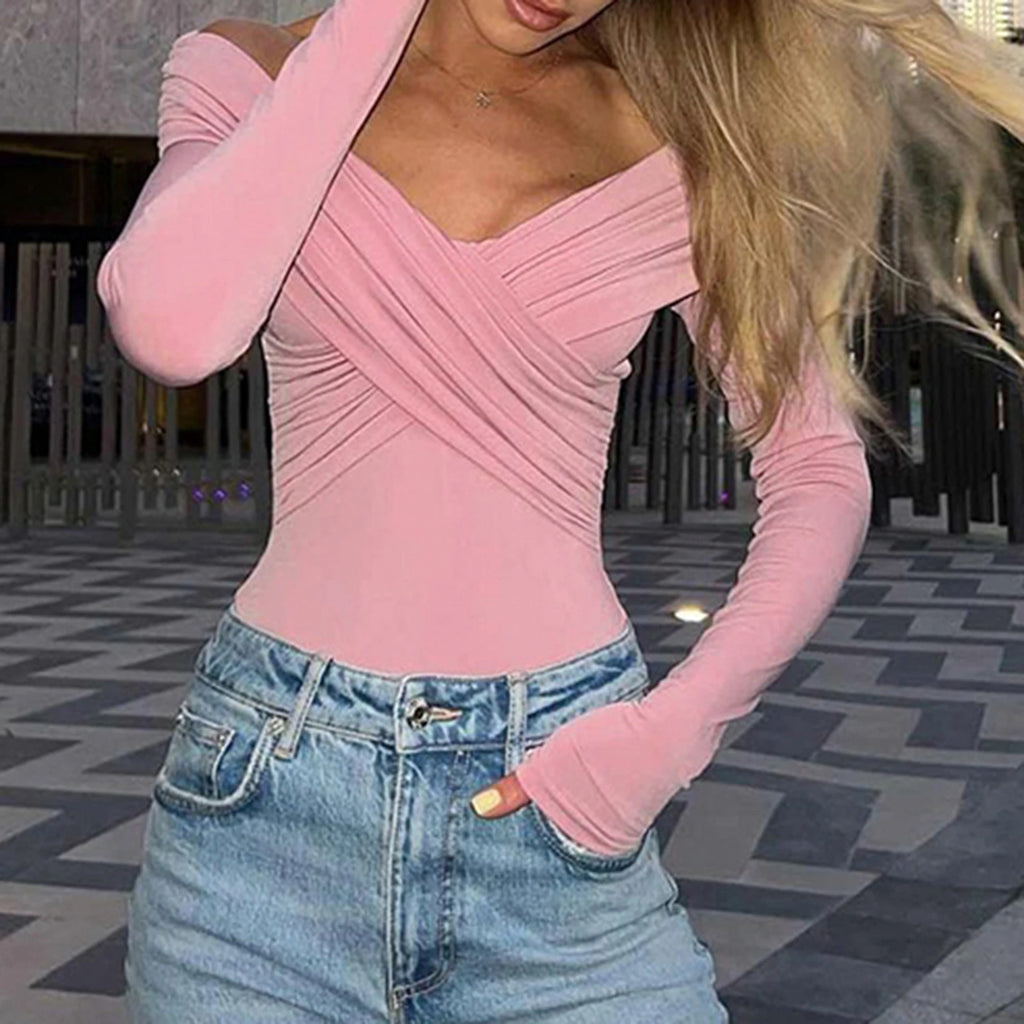 Off Shoulder Front Cross Long Sleeve Slim Top – Women’s Clubwear Streetwear