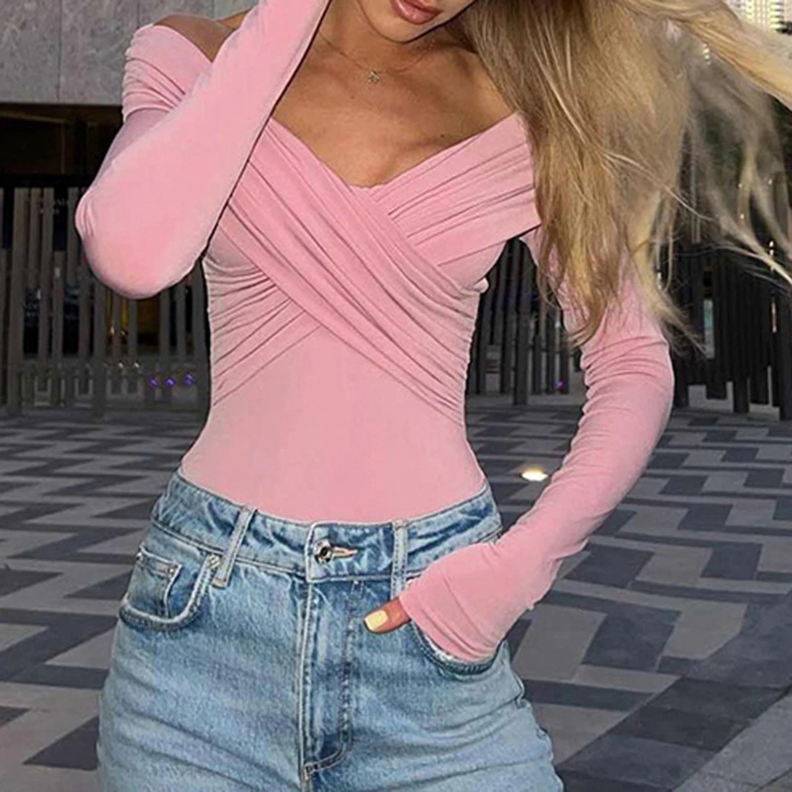 Off Shoulder Front Cross Long Sleeve Slim Top – Women’s Clubwear Streetwear