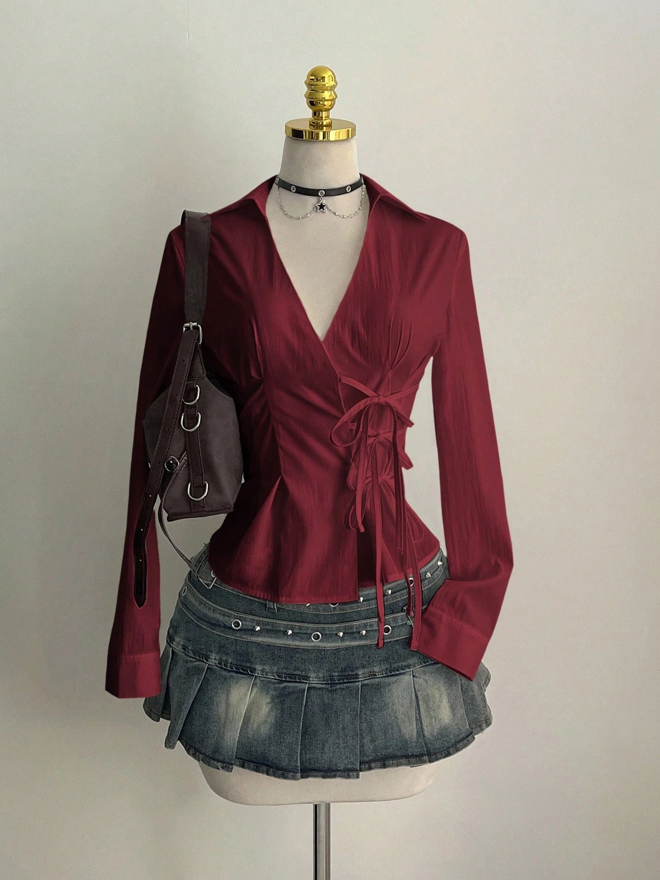 Side Strap V Neck Long Sleeve Pleated Top – Women’s Casual Shirt