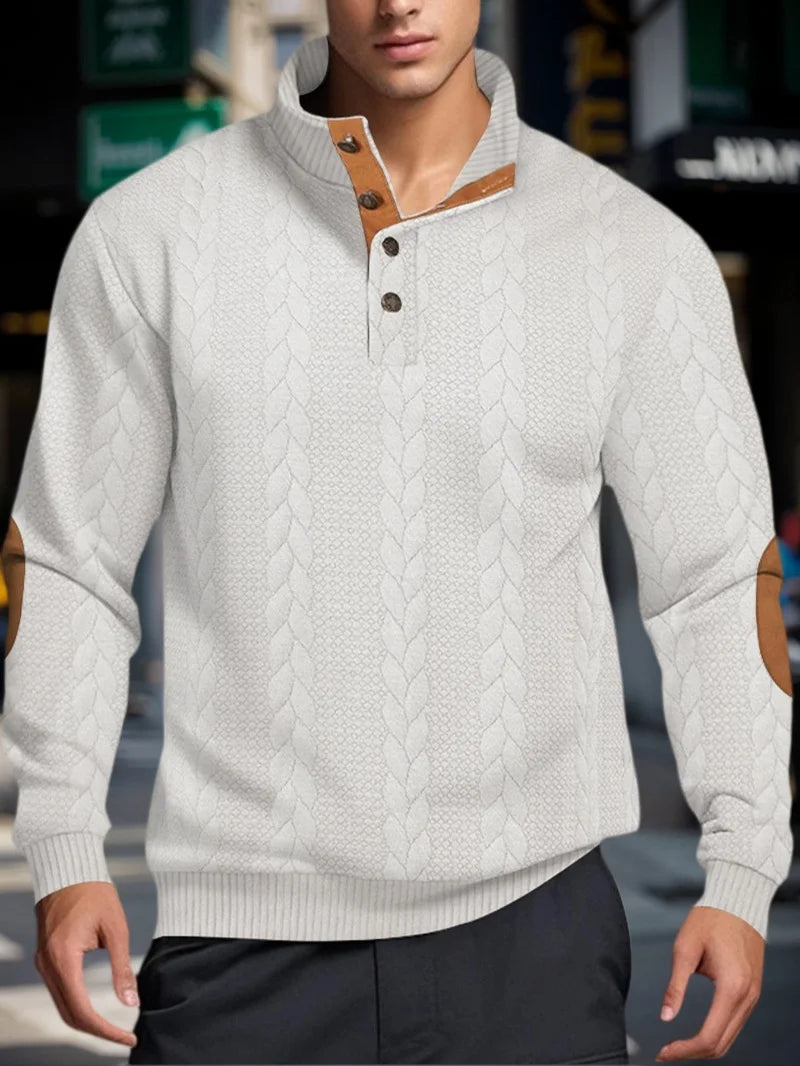Men’s Knitted Jacquard Button Stand Collar Pullover Sweater – Warm Casual Sweatshirt