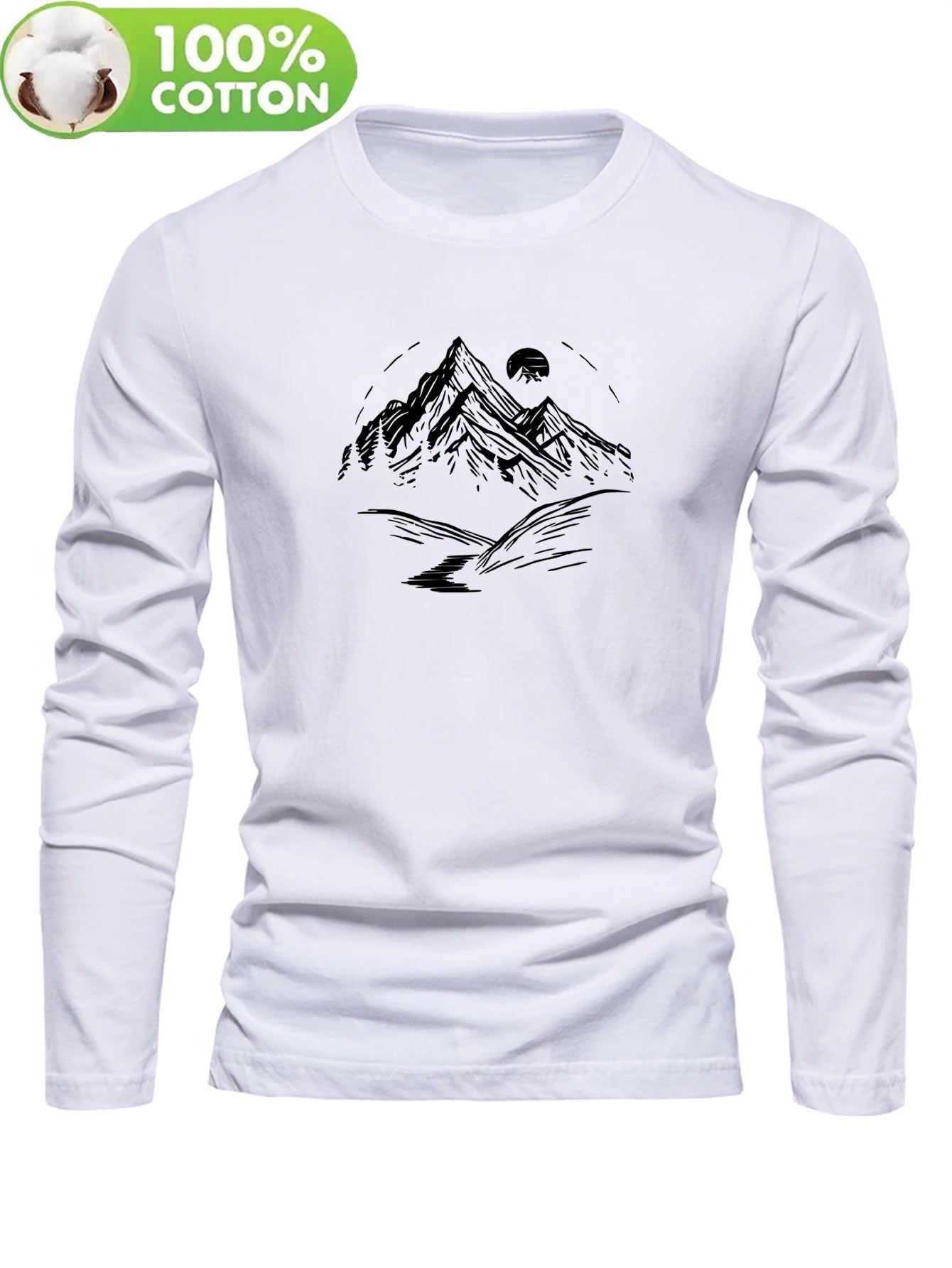 Men’s Mountain Print 100% Cotton Long Sleeve T-Shirt – Casual Sports Round Neck Tee