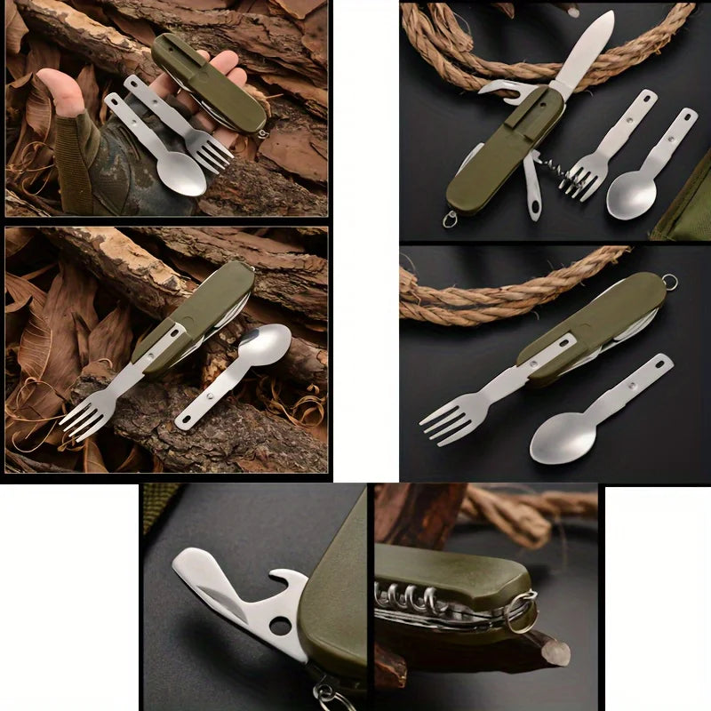 Stainless Steel 7-in-1 Outdoor Tableware Set – Portable Cutlery for Picnic Camping Hiking Travel