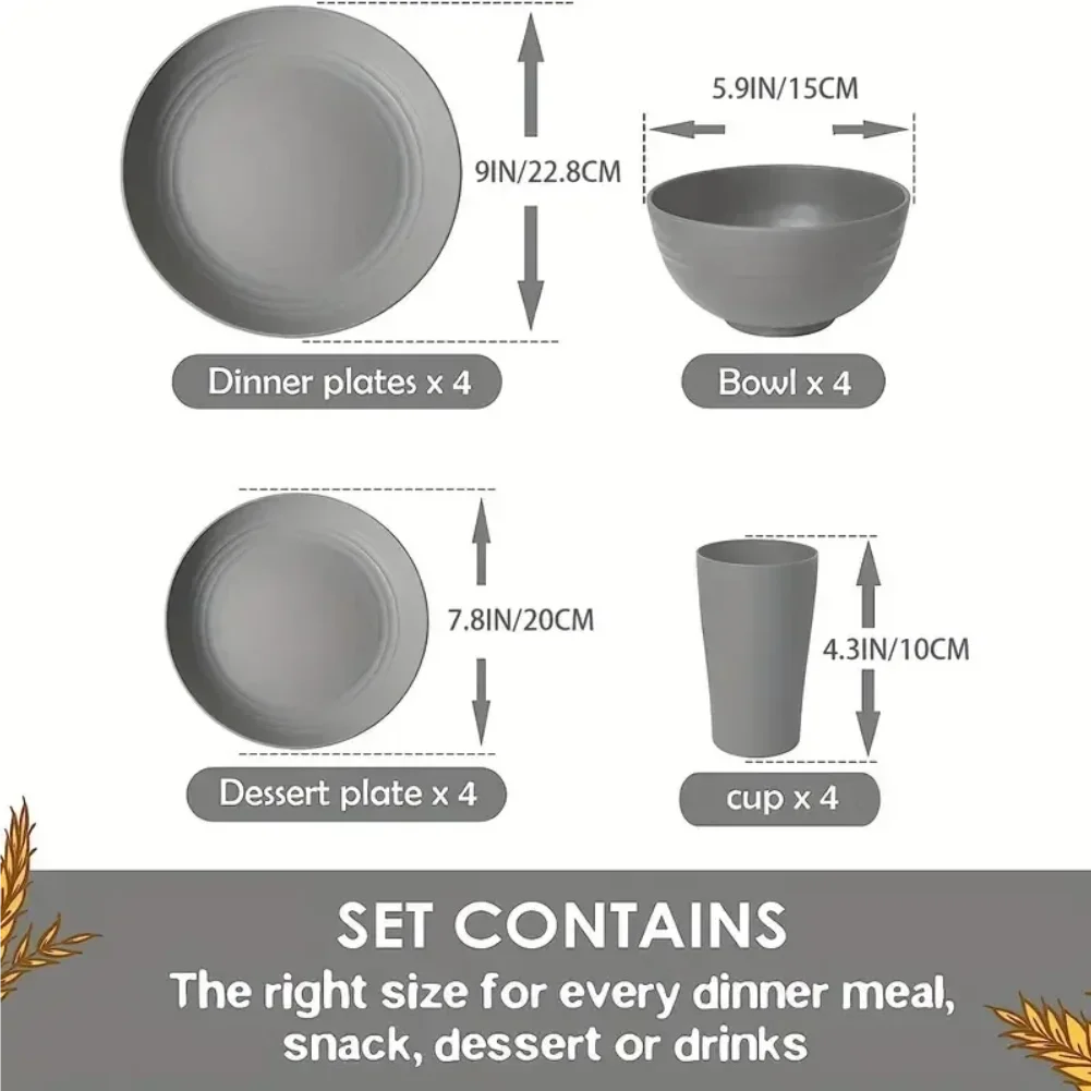 16-Piece Wheat Straw Non-Fragile Tableware Set – Microwave & Dishwasher Safe Reusable Plates