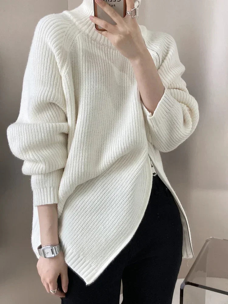 Turtleneck Zipper Oversized Knit Sweater – Women’s Warm Autumn Pullover
