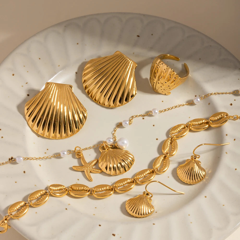 18K Gold Plated Ocean Shell Jewelry Set – Tarnish-Free Earring, Ring & Necklace for Women