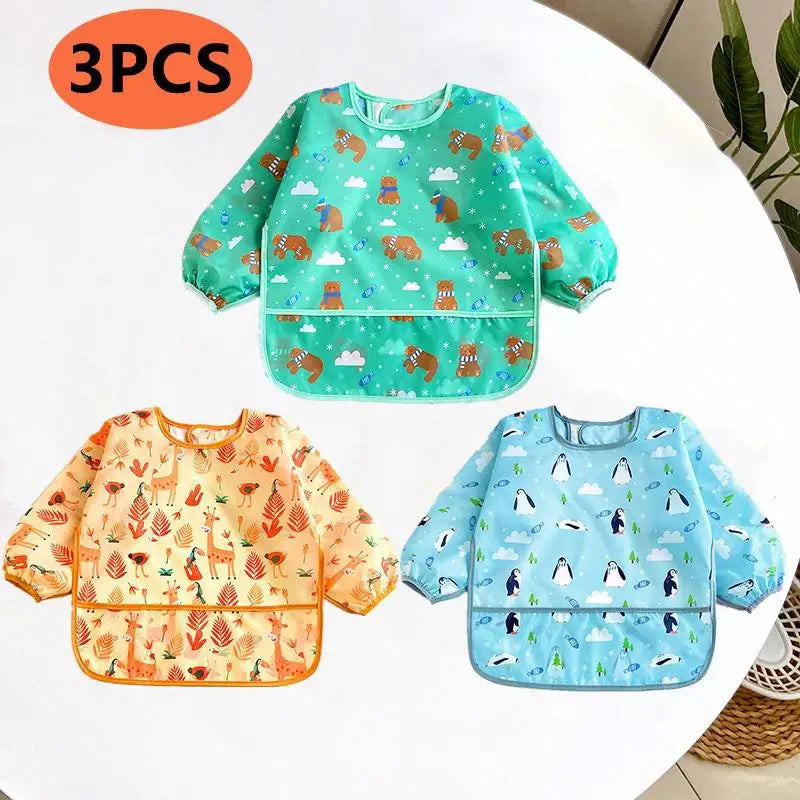 Baby Waterproof Long Sleeve Bib – Cartoon Animal Art Apron for Self-Feeding 0–3 Years