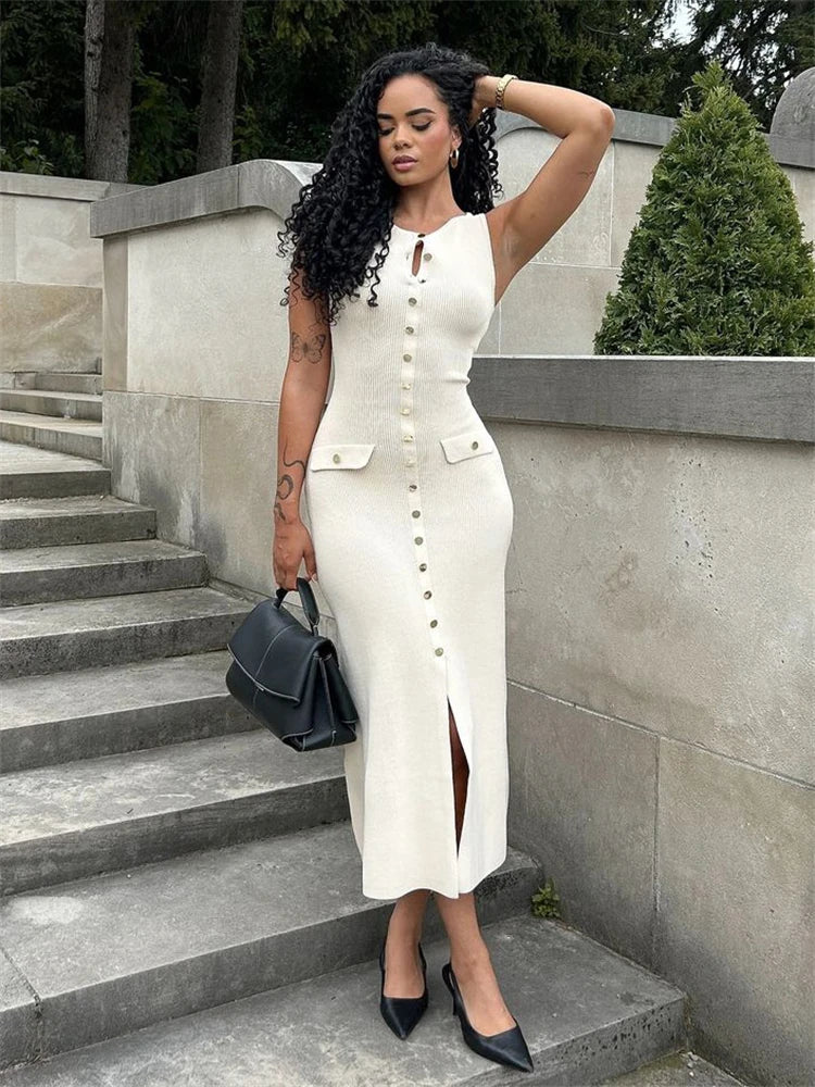 Ribbed Knit Sleeveless Button Maxi Dress | Slim Fit