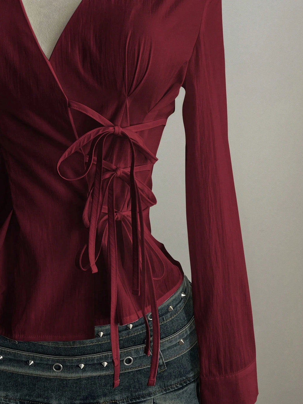 Side Strap V Neck Long Sleeve Pleated Top – Women’s Casual Shirt