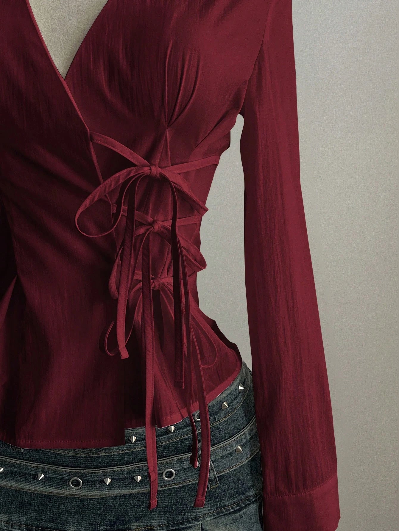 Side Strap V Neck Long Sleeve Pleated Top – Women’s Casual Shirt