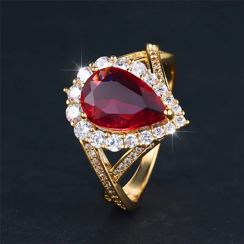 Luxury Red Water Drop Zircon Engagement Ring – Gold Bridal Wedding Jewelry for Women