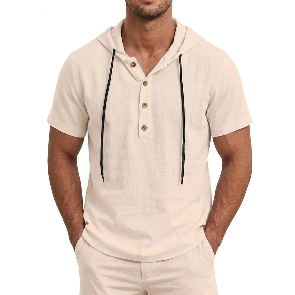 Men’s Linen Hooded Short Sleeve Hawaiian Shirt – Lightweight Button Cotton T-Shirt